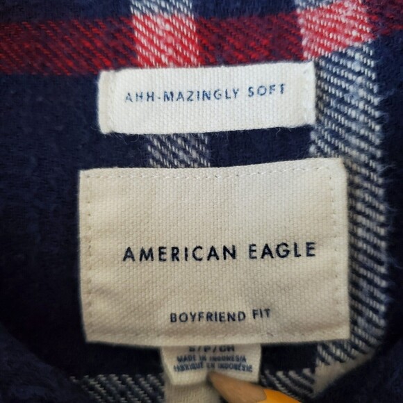 American Eagle Shirt Small Blue Plaid Flannel Boyfriend Fit Relaxed Soft Casual - Picture 9 of 10